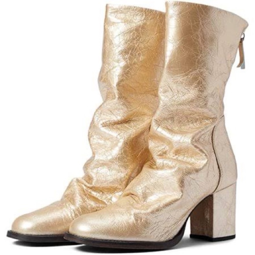 women’s FREE PEOPLE NWT NO BOX Date Night Elle gold metallic Block Heel size 7 - Picture 2 of 10